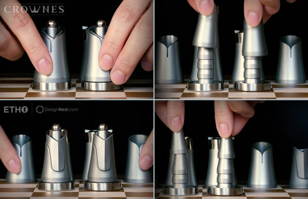 Crownes Chess Set Premium Stainless Steel: Magnetic Nesting Pieces, Compact Storage, and Rollable Genuine Leather Board