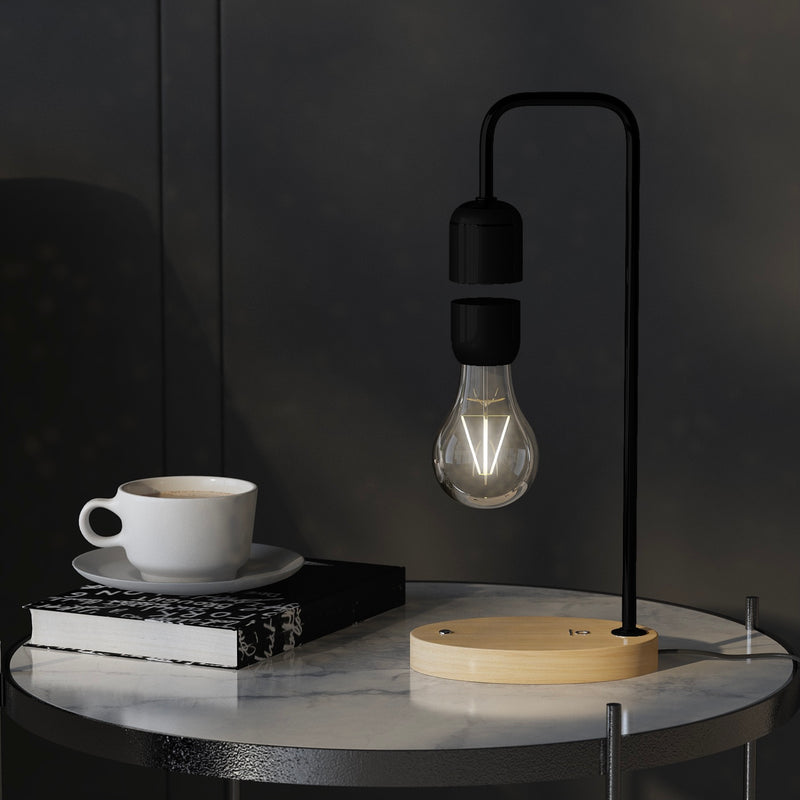Levitating Lamp Edison-Style Light Bulb with Oak Base: Magnetic Levitation, Eye-Catching Design