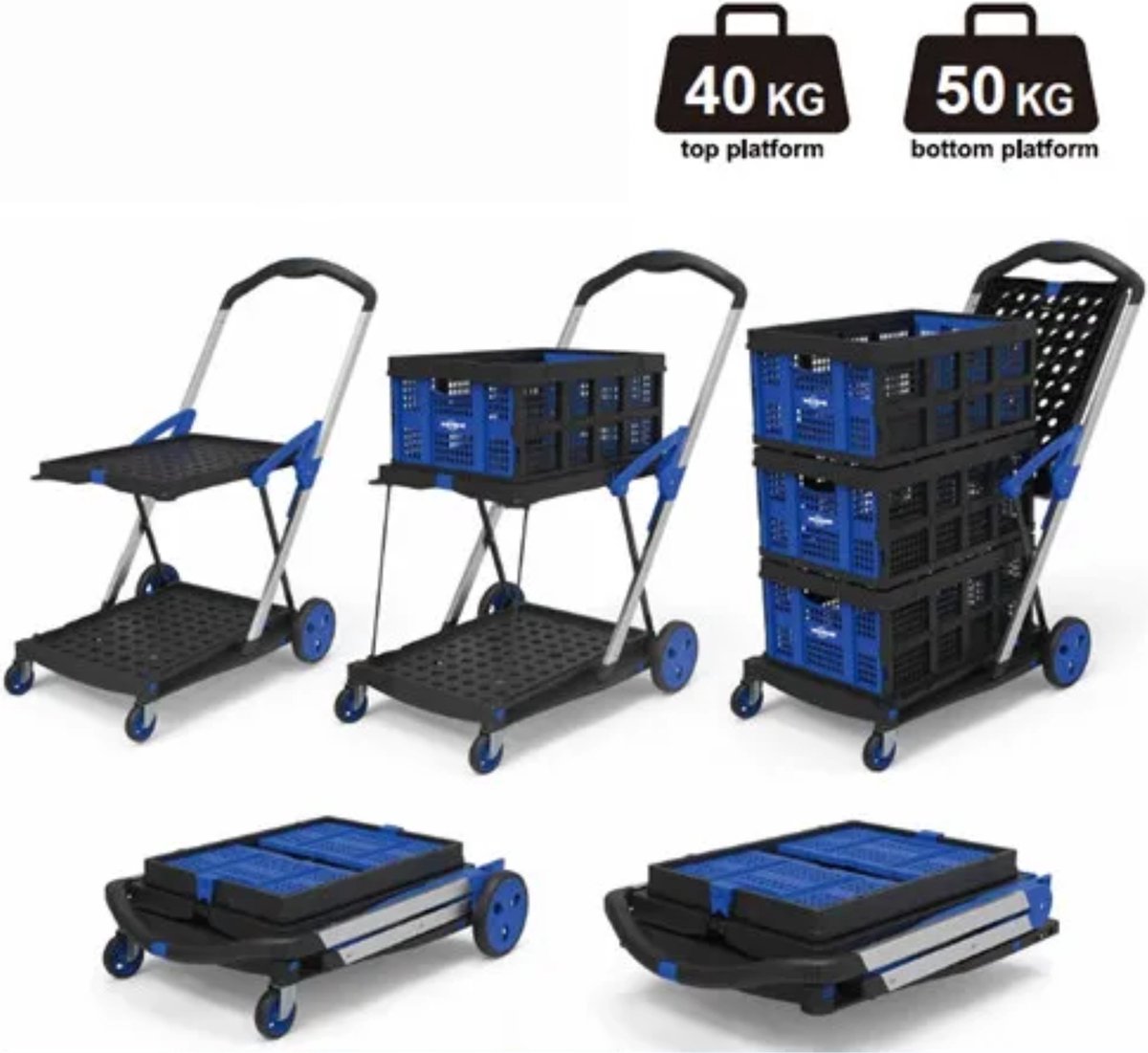 Foldable Trolley - Collapsible Utility Cart with 75 kg Capacity, Adjustable Handle, Durable Wheels, Includes 1 Crate