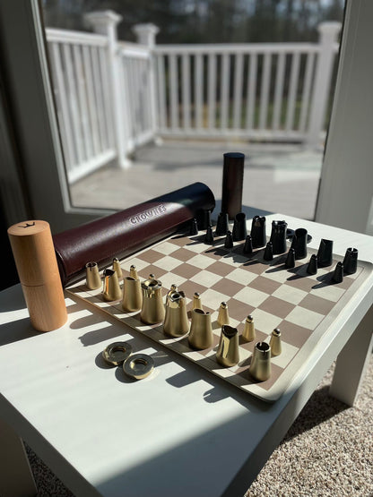 Crownes Chess Set Premium Stainless Steel: Magnetic Nesting Pieces, Compact Storage, and Rollable Genuine Leather Board