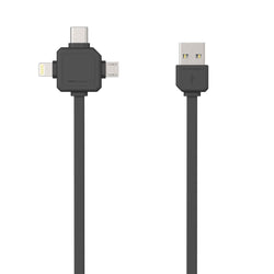3-in-1 USB cable featuring Lightning, USB-C, and Micro-USB connectors for versatile charging and data transfer. Durable and travel-friendly design.