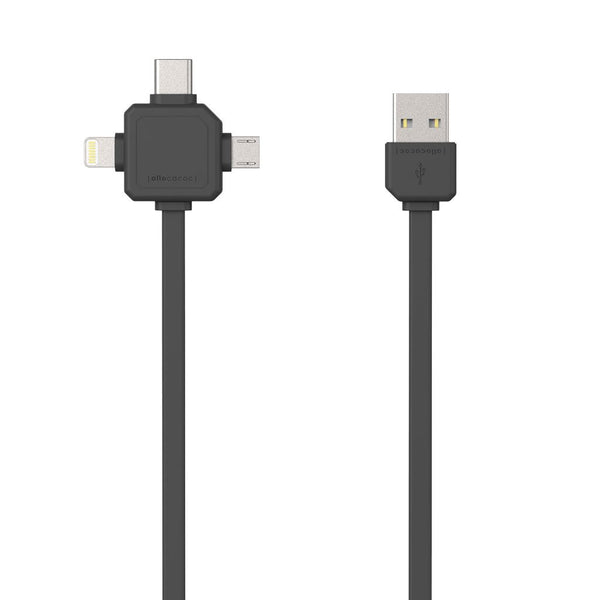 3-in-1 USB cable featuring Lightning, USB-C, and Micro-USB connectors for versatile charging and data transfer. Durable and travel-friendly design.