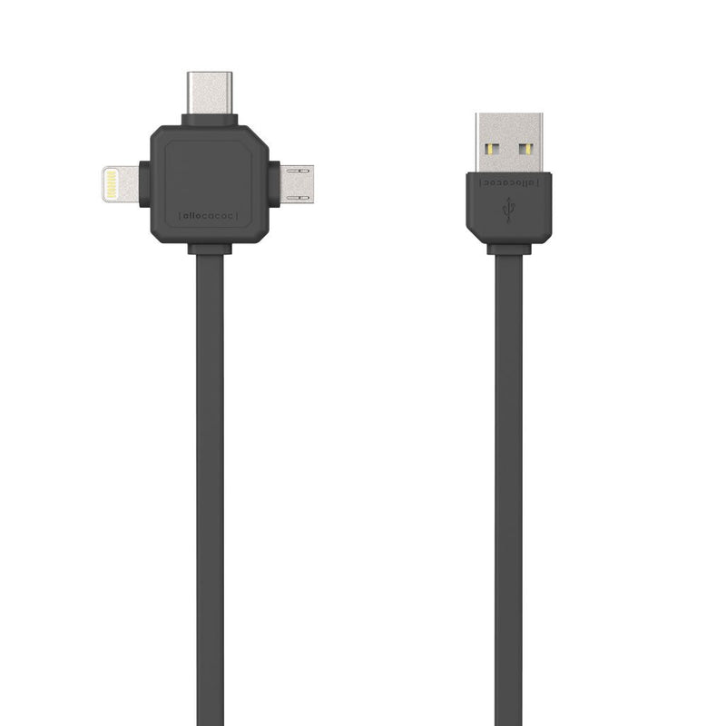 3-in-1 USB cable featuring Lightning, USB-C, and Micro-USB connectors for versatile charging and data transfer. Durable and travel-friendly design.