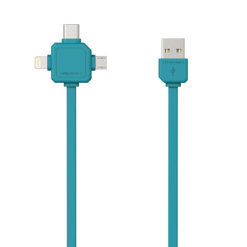 3-in-1 USB cable featuring Lightning, USB-C, and Micro-USB connectors for versatile charging and data transfer. Durable and travel-friendly design.