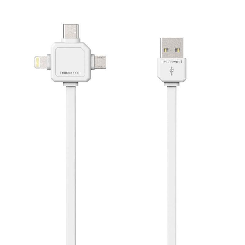 3-in-1 USB cable featuring Lightning, USB-C, and Micro-USB connectors for versatile charging and data transfer. Durable and travel-friendly design.