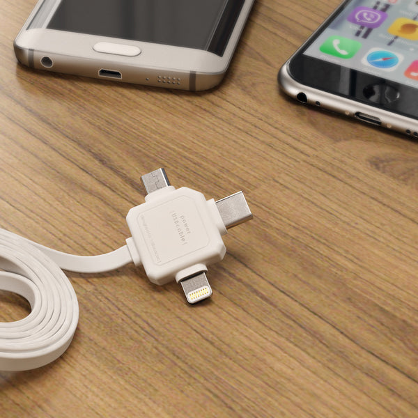 3-in-1 USB cable featuring Lightning, USB-C, and Micro-USB connectors for versatile charging and data transfer. Durable and travel-friendly design.