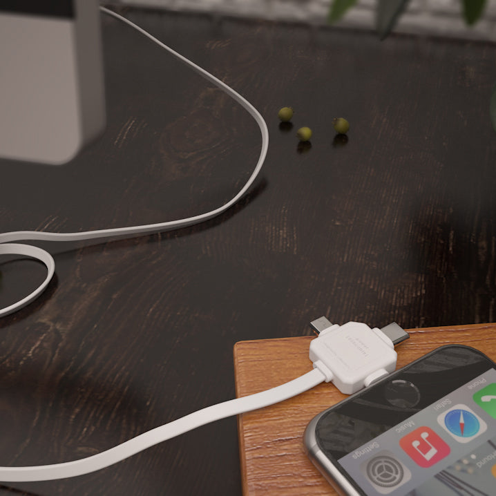 3-in-1 USB cable featuring Lightning, USB-C, and Micro-USB connectors for versatile charging and data transfer. Durable and travel-friendly design.