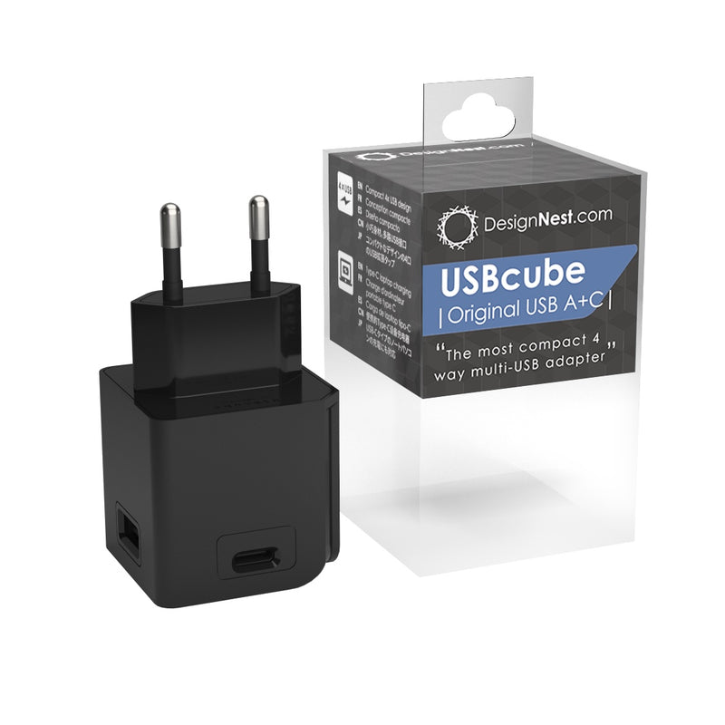 "USBcube Original by DesignNest featuring 3 USB-A ports and 1 USB-C port, in a compact and sleek design."